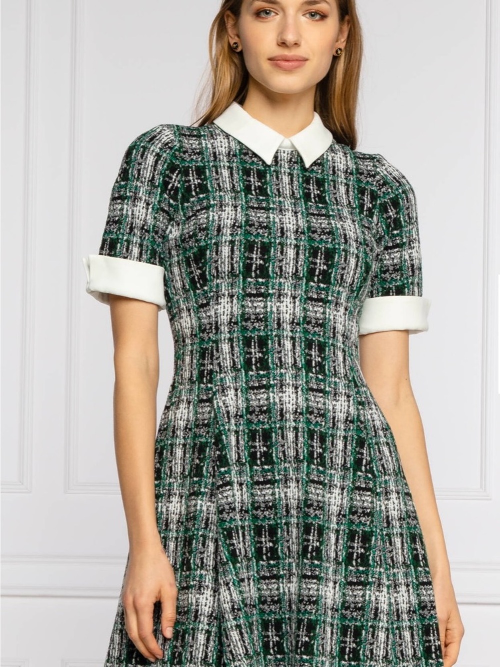DKNY Black,‎ Green & White Plaid Tweed Mini Dress - Picture 2 of 9